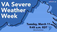 Promotional graphic for VA Severe Weather Week, featuring an outline of Virginia with text: 'Tuesday, March 11 at 9:45 a.m. EDT, #ShowYourShelter', and logos for Jefferson Lab.
