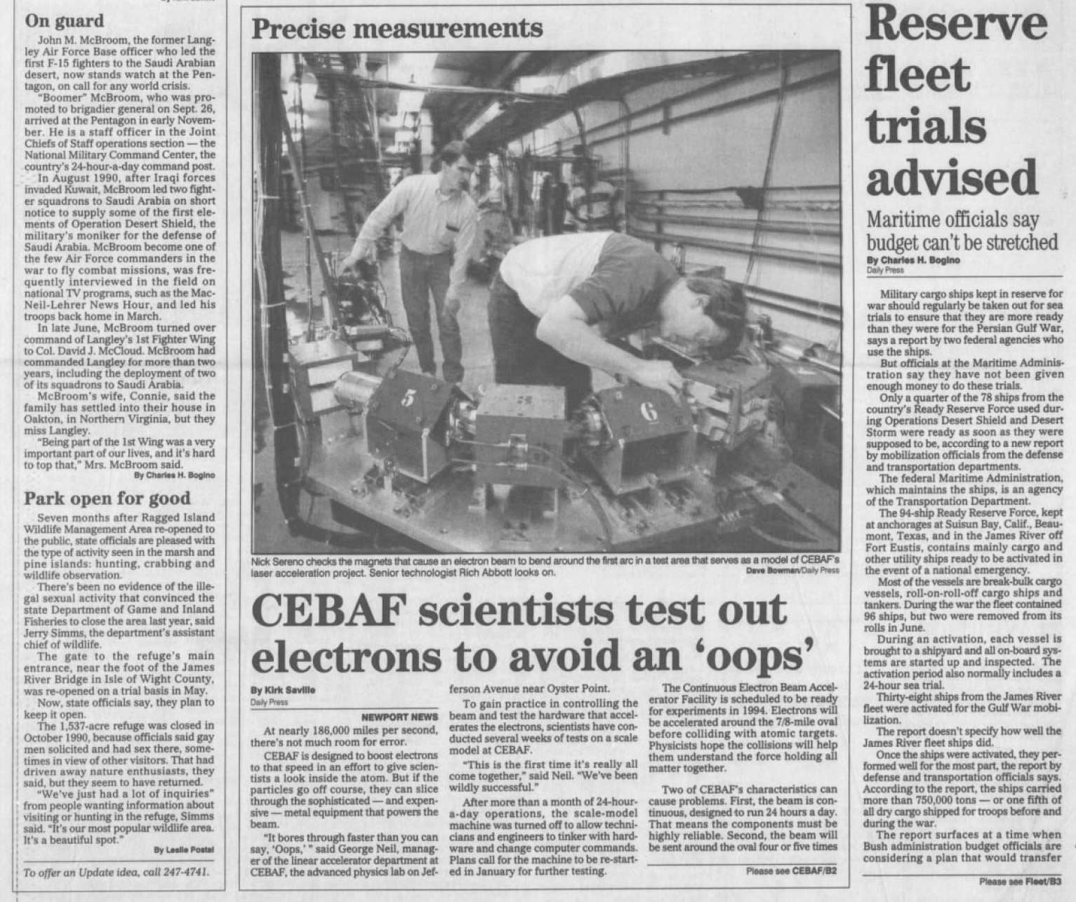 A Daily Press newspaper page with the center headline reading "CEBAF scientists test out electrons to avoid and 'oops'"