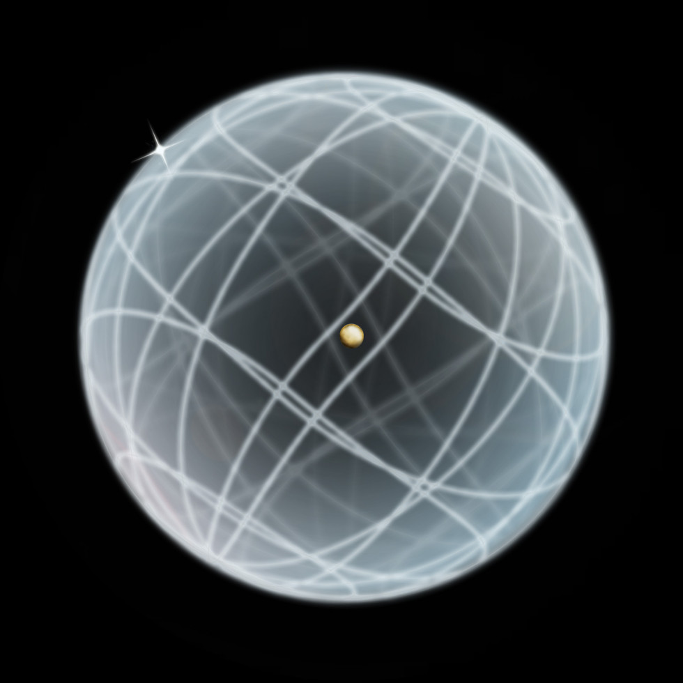 An artistic representation of the hydrogen atom, with a small gold-colored proton in the nucleus and a shell etched out by an orbiting star-like electron