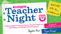 Promotional poster for Jefferson Lab's Teacher Night on April 3, 2025, from 6:30-8 p.m. The event is targeted at Virginia Region II Physical Science teachers for elementary and middle schools. Features a QR code for registration, and contact information at the bottom. The background is green with science-themed doodles, and the text is in vibrant shades of blue and pink.