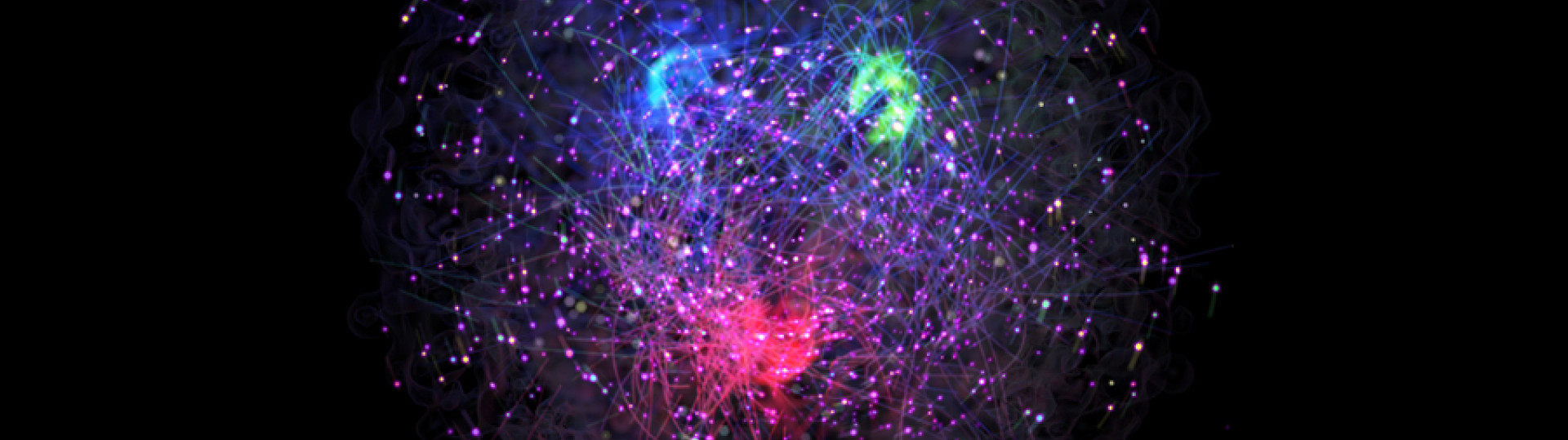 artist visulation of what a proton may look like red green and blue light spatters linked by other lights and lines
